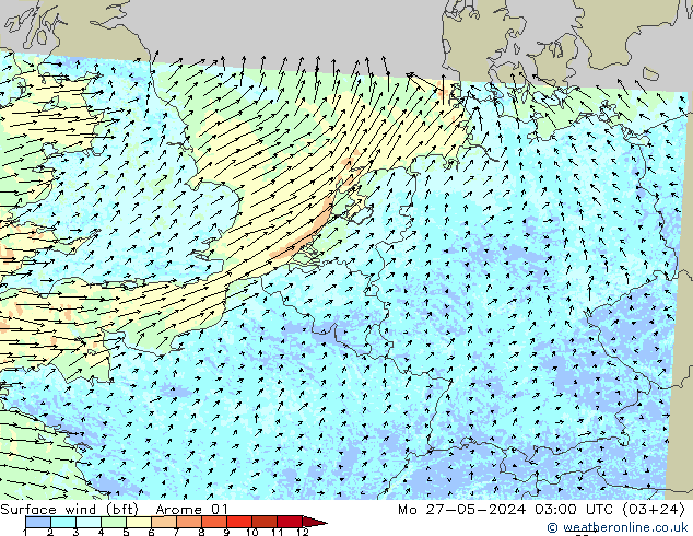 Surface wind (bft) Arome 01 Mo 27.05.2024 03 UTC