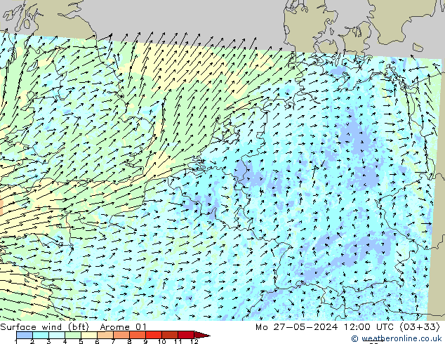 Surface wind (bft) Arome 01 Mo 27.05.2024 12 UTC