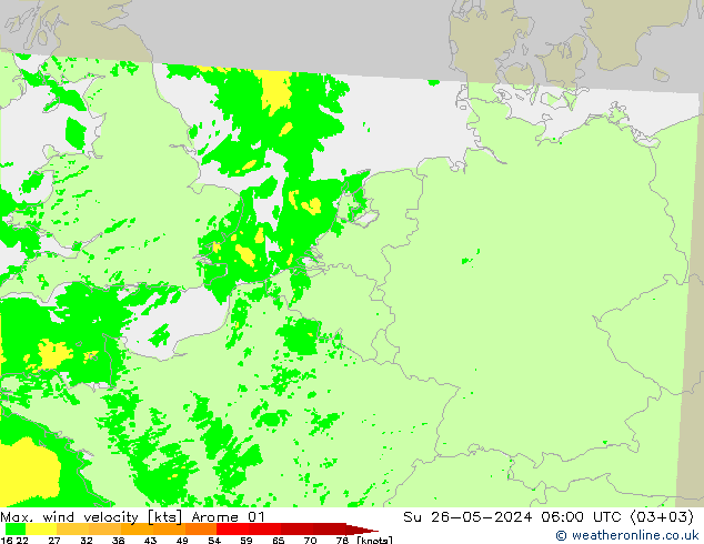 Max. wind velocity Arome 01 Su 26.05.2024 06 UTC