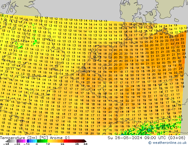 Sıcaklık Haritası (2m) Arome 01 Paz 26.05.2024 09 UTC