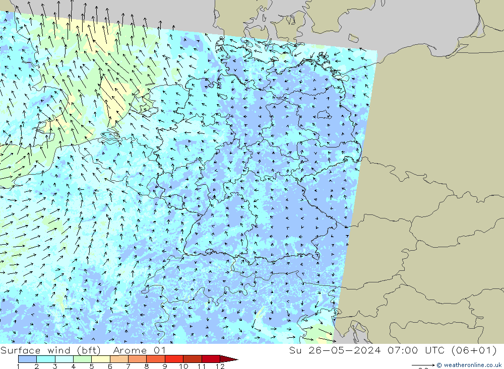 Surface wind (bft) Arome 01 Ne 26.05.2024 07 UTC