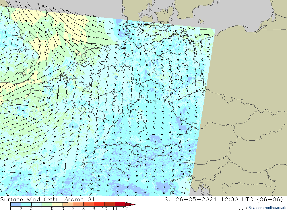 Surface wind (bft) Arome 01 Su 26.05.2024 12 UTC