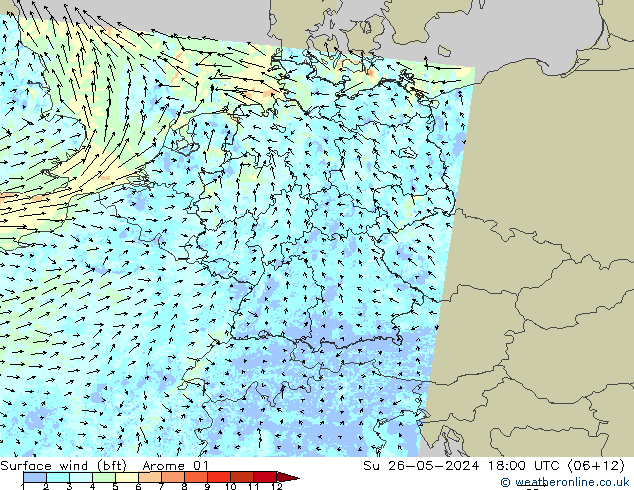 Surface wind (bft) Arome 01 Ne 26.05.2024 18 UTC