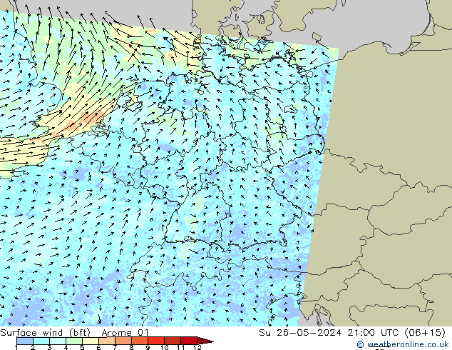 Wind 10 m (bft) Arome 01 zo 26.05.2024 21 UTC