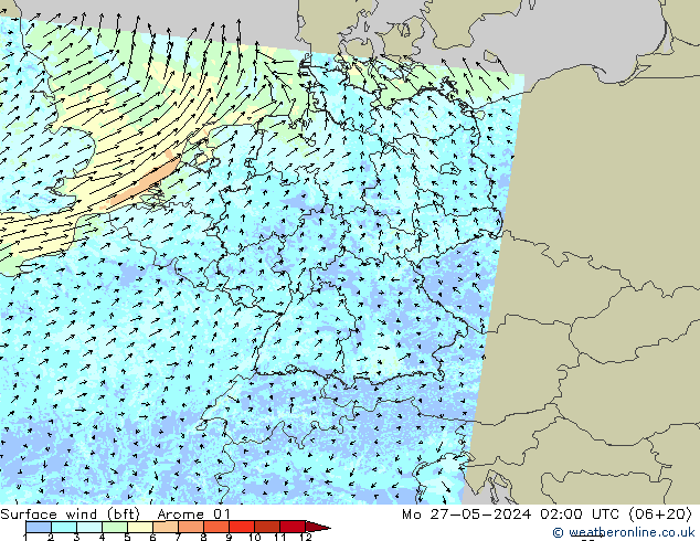 Bodenwind (bft) Arome 01 Mo 27.05.2024 02 UTC