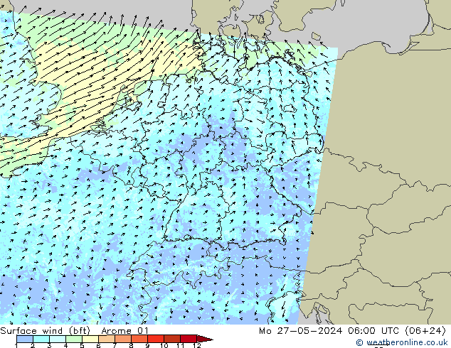 Vent 10 m (bft) Arome 01 lun 27.05.2024 06 UTC