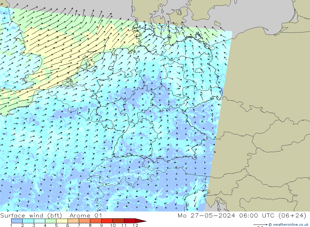 Bodenwind (bft) Arome 01 Mo 27.05.2024 06 UTC