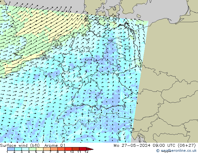 Surface wind (bft) Arome 01 Mo 27.05.2024 09 UTC