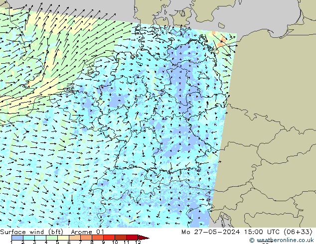 Viento 10 m (bft) Arome 01 lun 27.05.2024 15 UTC