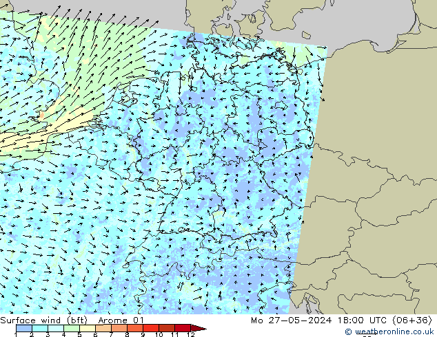 wiatr 10 m (bft) Arome 01 pon. 27.05.2024 18 UTC