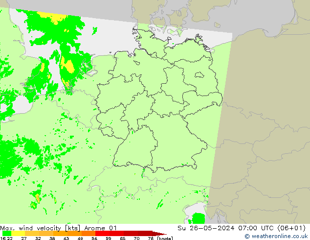 Max. wind velocity Arome 01 星期日 26.05.2024 07 UTC