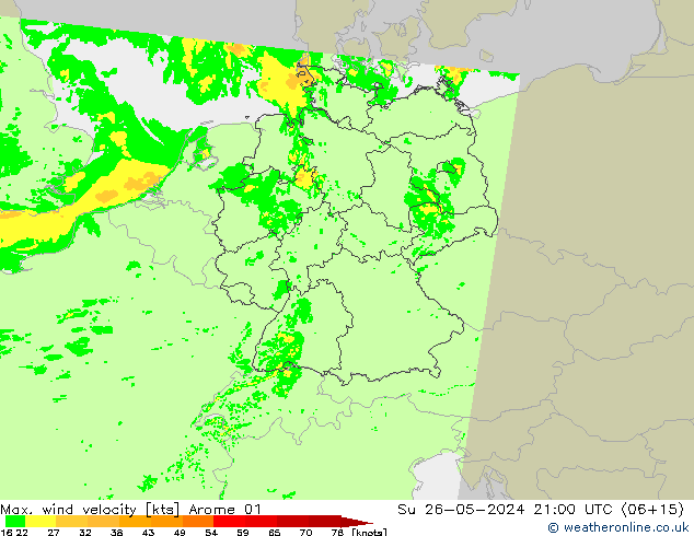 Max. wind velocity Arome 01 nie. 26.05.2024 21 UTC