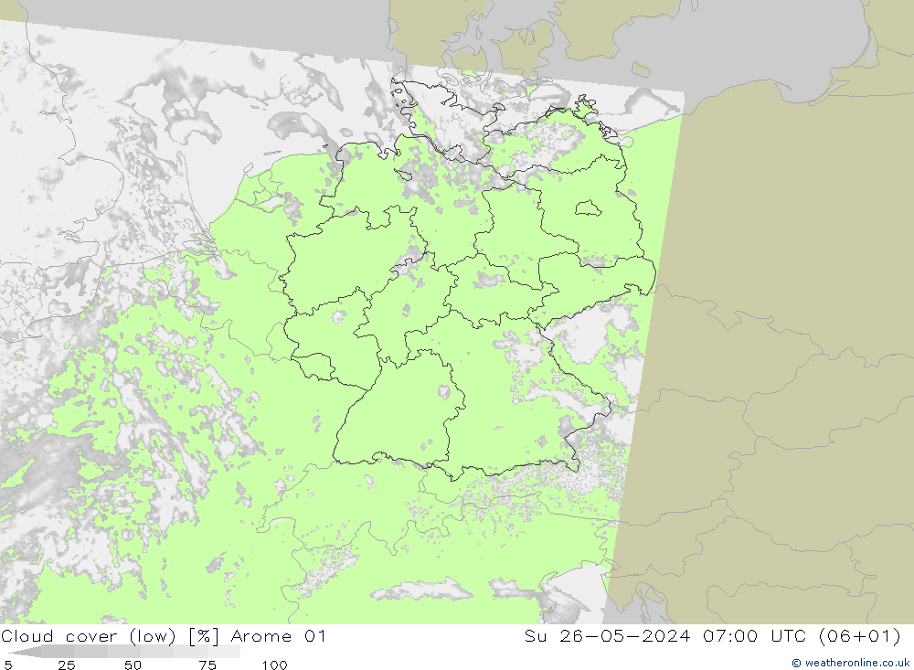Bewolking (Laag) Arome 01 zo 26.05.2024 07 UTC