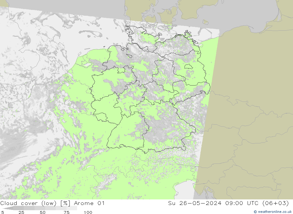 Cloud cover (low) Arome 01 Su 26.05.2024 09 UTC