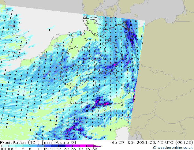 Precipitation (12h) Arome 01 Mo 27.05.2024 18 UTC