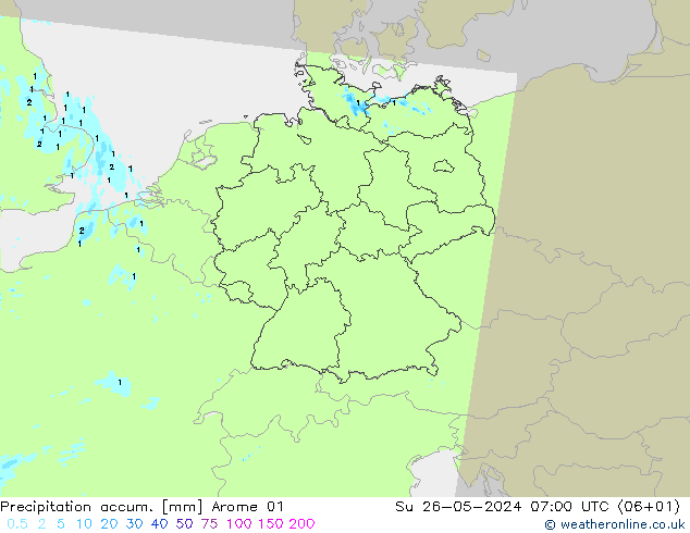 Totale neerslag Arome 01 zo 26.05.2024 07 UTC