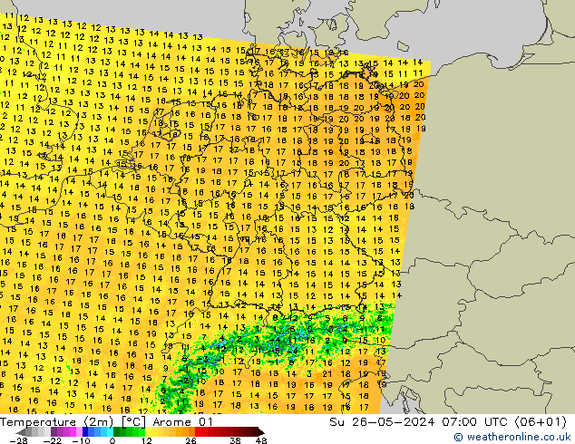 mapa temperatury (2m) Arome 01 nie. 26.05.2024 07 UTC