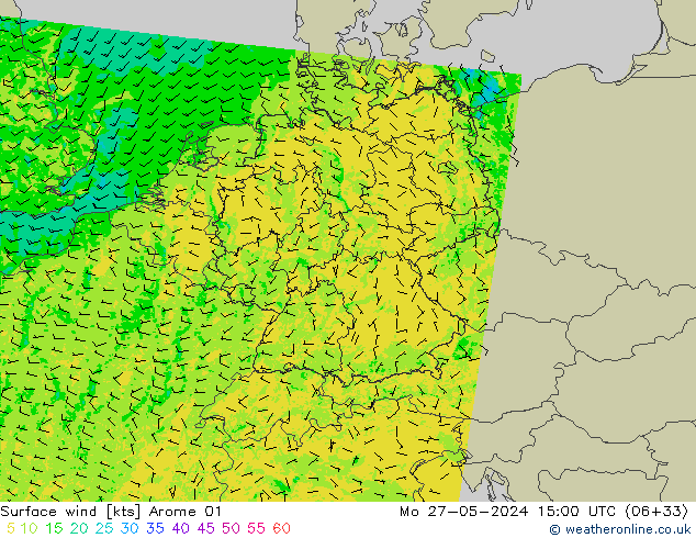 Viento 10 m Arome 01 lun 27.05.2024 15 UTC