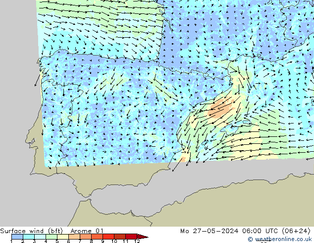 wiatr 10 m (bft) Arome 01 pon. 27.05.2024 06 UTC