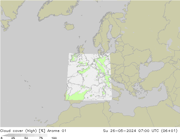 Cloud cover (high) Arome 01 Su 26.05.2024 07 UTC