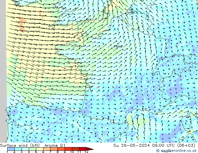 Bodenwind (bft) Arome 01 So 26.05.2024 09 UTC