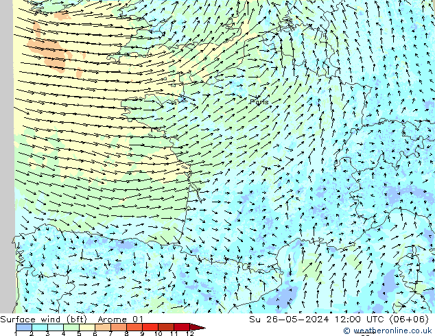 Bodenwind (bft) Arome 01 So 26.05.2024 12 UTC