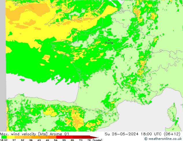 Max. wind velocity Arome 01 Вс 26.05.2024 18 UTC