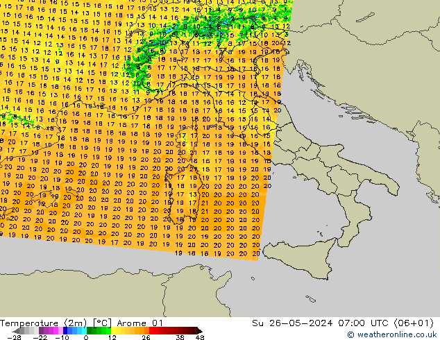 Temperatura (2m) Arome 01 dom 26.05.2024 07 UTC