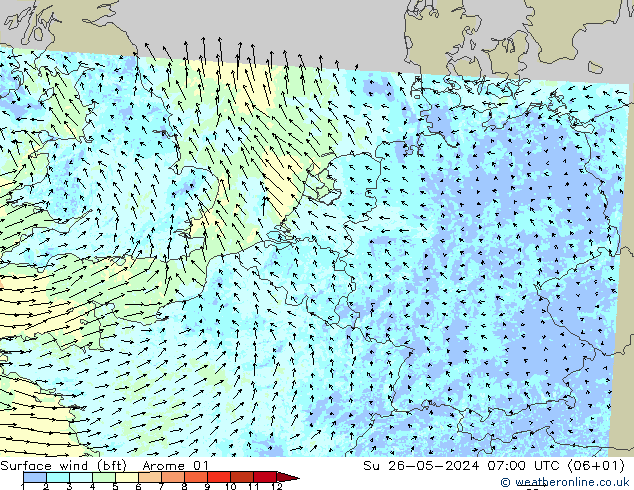 wiatr 10 m (bft) Arome 01 nie. 26.05.2024 07 UTC