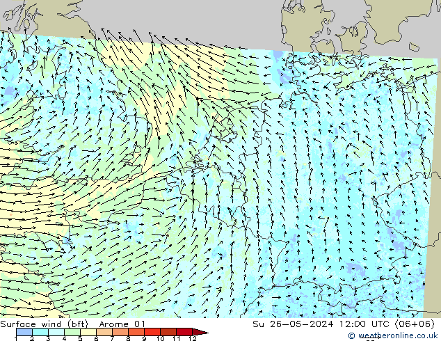 Bodenwind (bft) Arome 01 So 26.05.2024 12 UTC