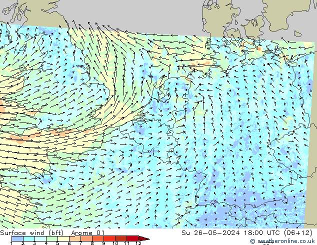 Wind 10 m (bft) Arome 01 zo 26.05.2024 18 UTC