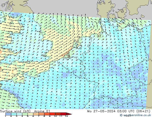 Viento 10 m (bft) Arome 01 lun 27.05.2024 03 UTC