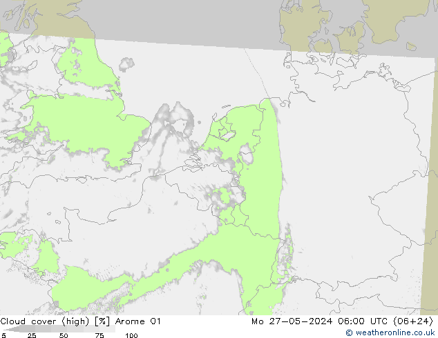 Cloud cover (high) Arome 01 Mo 27.05.2024 06 UTC