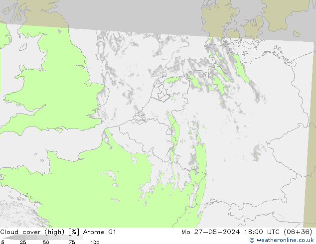 Cloud cover (high) Arome 01 Mo 27.05.2024 18 UTC