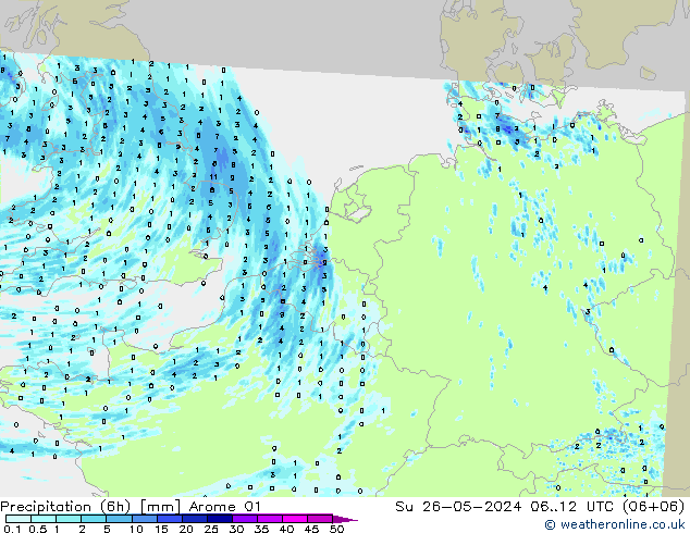 Précipitation (6h) Arome 01 dim 26.05.2024 12 UTC