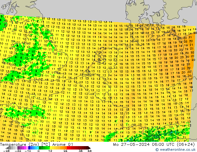 Temperatura (2m) Arome 01 Seg 27.05.2024 06 UTC