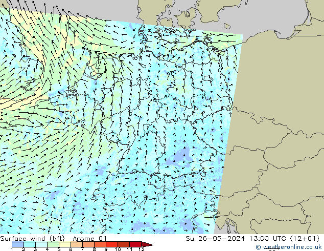 Surface wind (bft) Arome 01 Su 26.05.2024 13 UTC