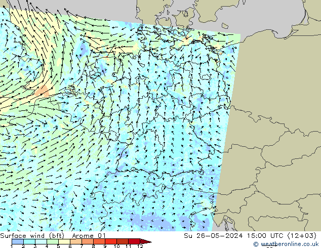 Vento 10 m (bft) Arome 01 dom 26.05.2024 15 UTC