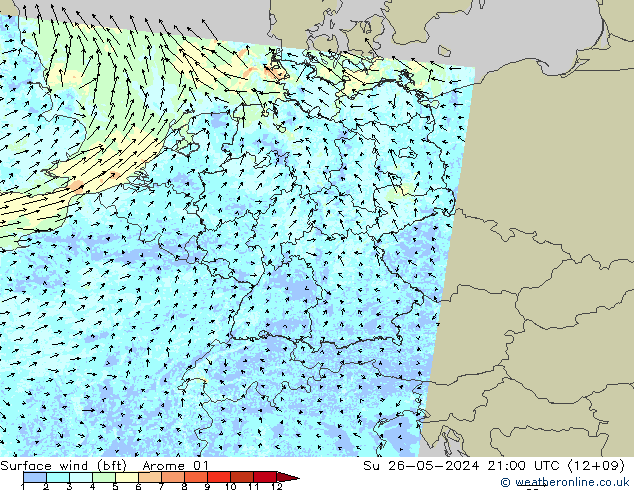 Surface wind (bft) Arome 01 Ne 26.05.2024 21 UTC