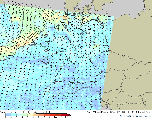 Rüzgar 10 m (bft) Arome 01 Paz 26.05.2024 21 UTC