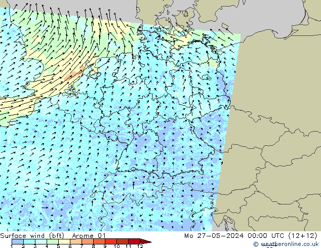 wiatr 10 m (bft) Arome 01 pon. 27.05.2024 00 UTC