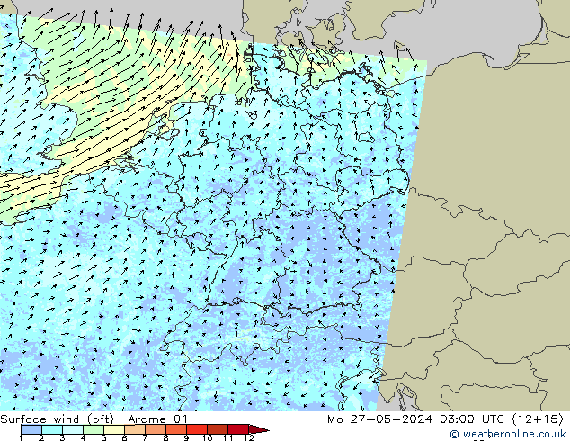 Vent 10 m (bft) Arome 01 lun 27.05.2024 03 UTC