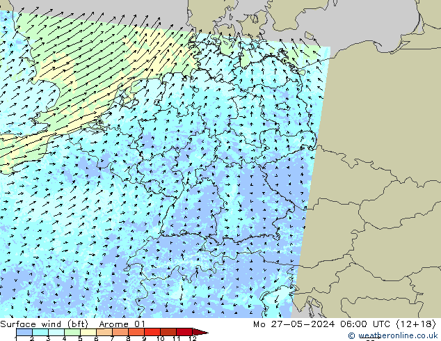 Surface wind (bft) Arome 01 Mo 27.05.2024 06 UTC