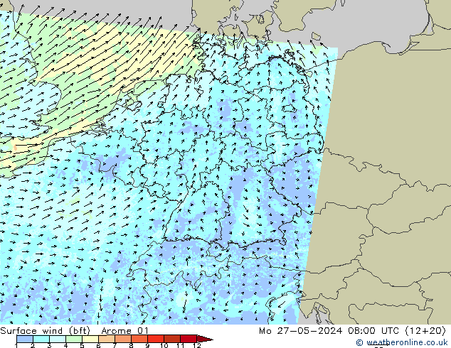 Wind 10 m (bft) Arome 01 ma 27.05.2024 08 UTC