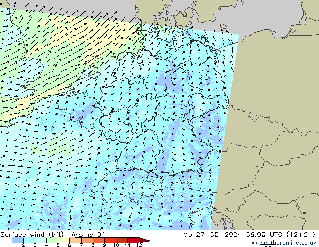 Surface wind (bft) Arome 01 Po 27.05.2024 09 UTC