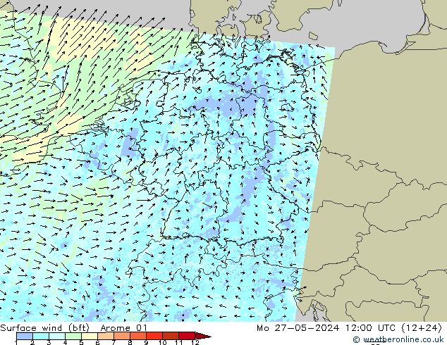 wiatr 10 m (bft) Arome 01 pon. 27.05.2024 12 UTC