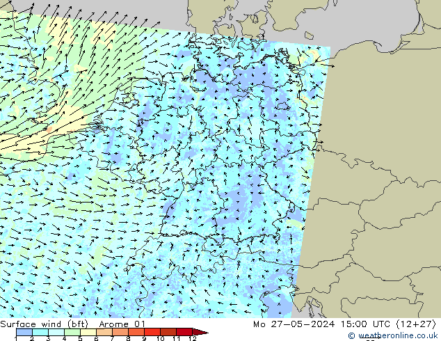 Surface wind (bft) Arome 01 Mo 27.05.2024 15 UTC