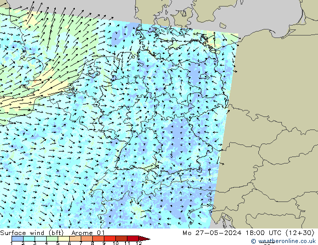 Wind 10 m (bft) Arome 01 ma 27.05.2024 18 UTC