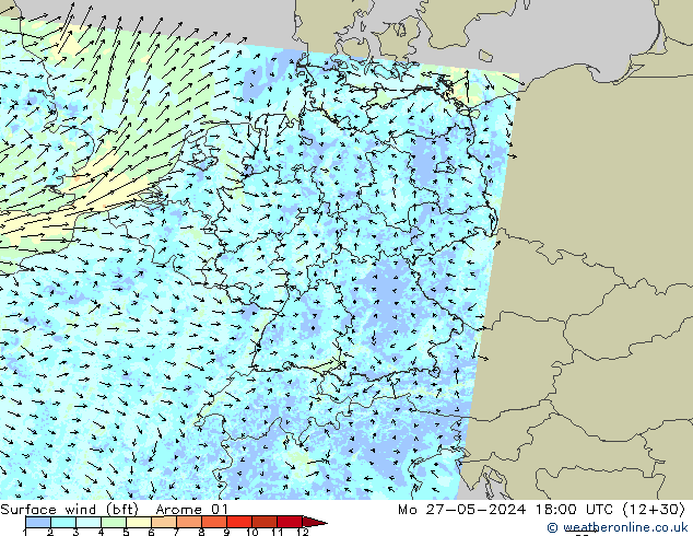 Viento 10 m (bft) Arome 01 lun 27.05.2024 18 UTC