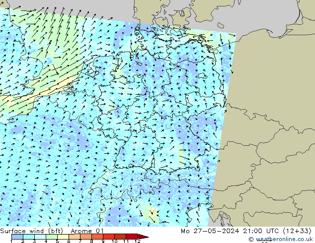 wiatr 10 m (bft) Arome 01 pon. 27.05.2024 21 UTC